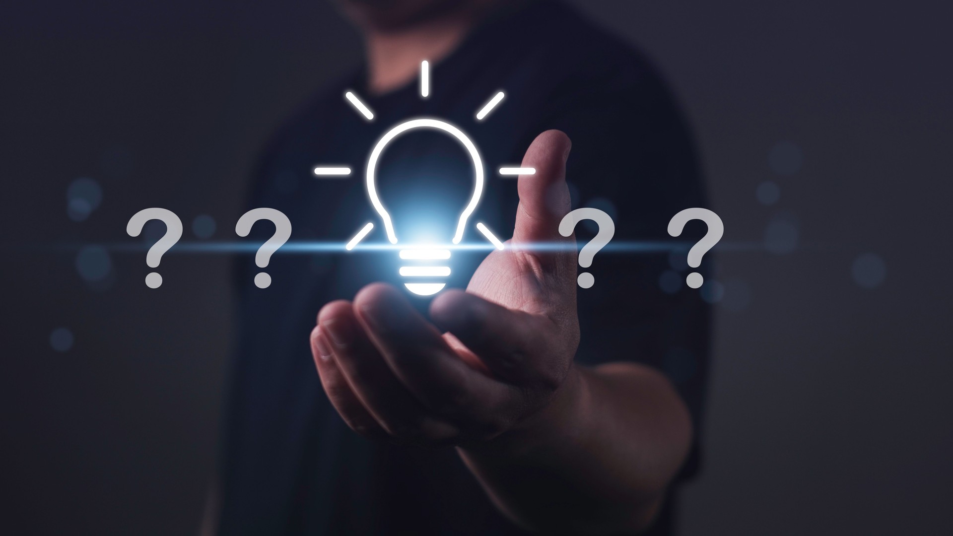 Creative Problem Solving brainstorming Ideas with Focus and Solutions. Question marks, light bulbs, to symbolize innovation, thinking, and finding answers.