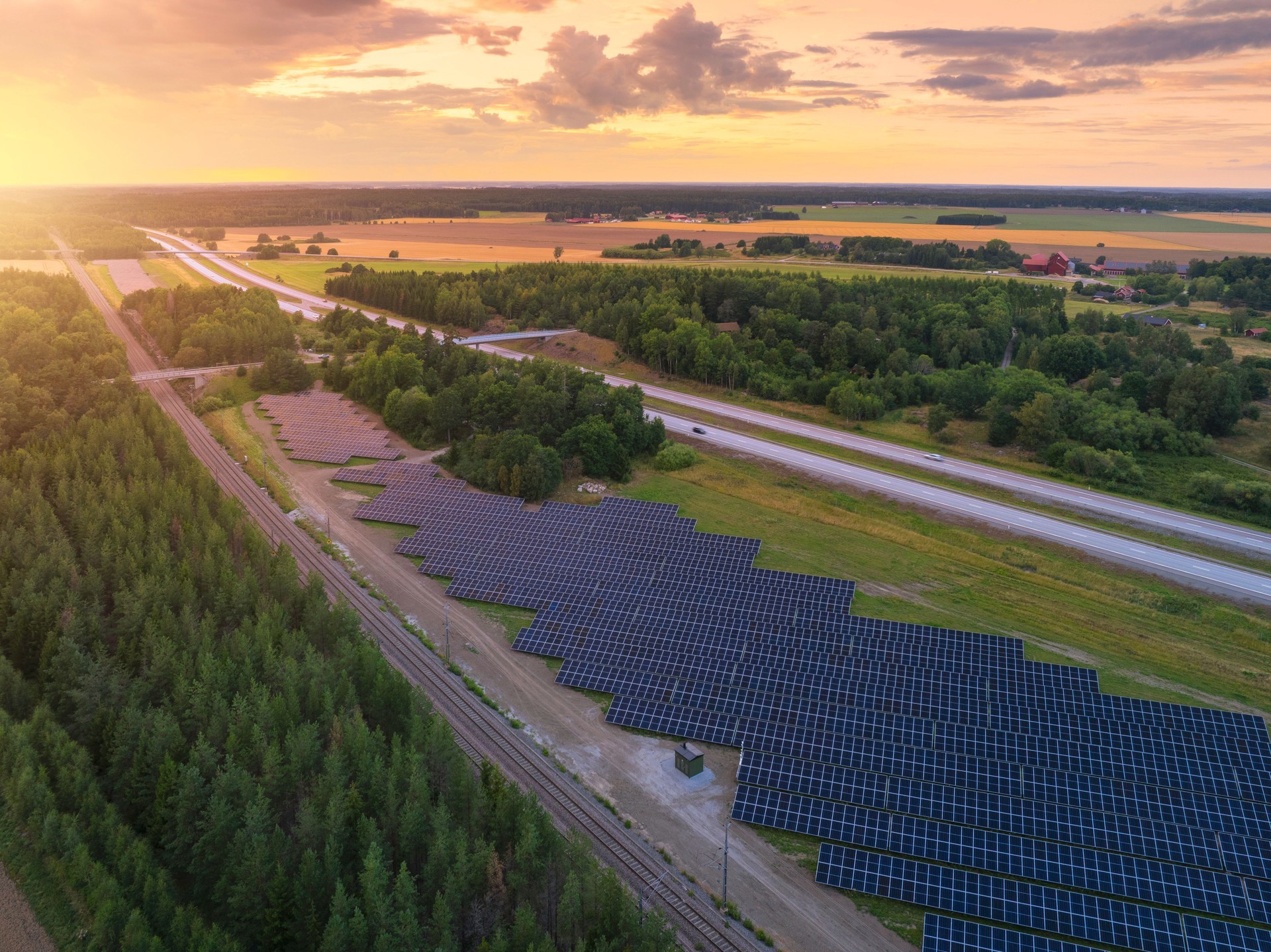 Aerial view a rural landscape with a solar power installation